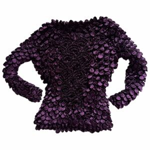 Purple Satin Smocked 3D Textured Bubble Top Statement Blouse